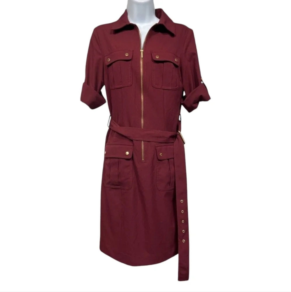 Michael Kors Burgundy or Tan Shirt Dress Goldtone Hardware Small - Picture 3 of 14